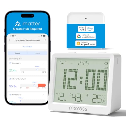 Meross Matter Hygrometer Thermometer Innen, WLAN Wetterstation Ausgestattet mit Benachrichtigung, Smart LCD Temperatursensor und Matter Hub, Kompatibel mit Apple HomeKit, Alexa, Google Home von meross