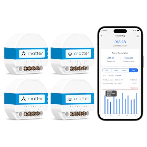 Meross WLAN Schalter Matter (Nullleiter Erforderlich) - Energieüberwachung und Matter Simple Setup (MSS), Smart Relais Unterputz Kompatibel mit Apple Home/Alexa/Google Home, Fernbedienung, 4 Stück von meross
