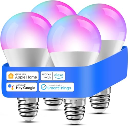 Meross Glühbirne E27 Smart für HomeKit, LED Lampe WiFi Mehrfarbige Dimmbare Glühbirne RGBWW Kompatibel mit Siri, Alexa, Google Home und SmartThings, Warmweiß, 2700-6500K, 4 St von meross
