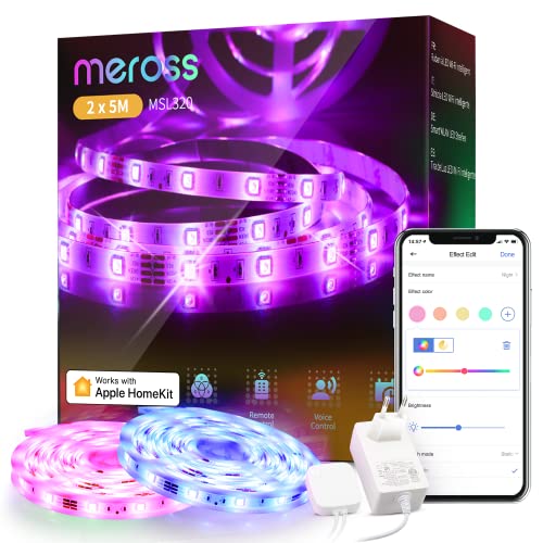 WLAN LED Streifen funktioniert mit Apple HomeKit, meross Smart RGB Strip, 12V IP20 Warmweiß Streifenbeleuchtung, Flexibel DIY Band Arbeiten mit Siri, Alexa und Google, für Weihnachten, Party, 5M x2 von meross