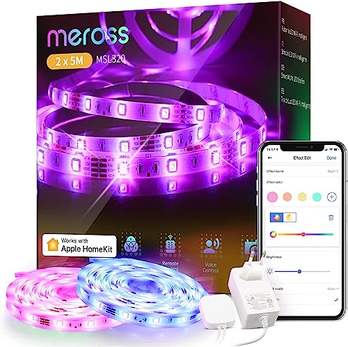 WLAN LED Streifen funktioniert mit Apple HomeKit, meross Smart RGB Strip, 12V IP20 Warmweiß Streifenbeleuchtung, Flexibel DIY Band Arbeiten mit Siri, Alexa und Google, für Weihnachten, Party, 5M x2 von meross