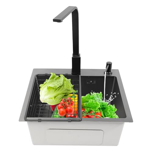 Schwarz Edelstahlspüle, Moderne Küchenspüle, Küchenspüle, Einbauspüle 1 Becken, Wasserhahn und Abtropfkorb, Spüle Mit Armatur Set, Kann In Haushalten, Restaurants, Waschküchen von mesterth