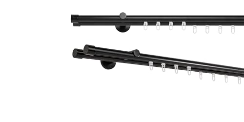 metablo Gardinenstange auf Maß mit Endstück Kappe Innenlauf Ø 20mm 2-Lauf Wandabstand 12cm Komplettset Schwarz 170cm von metablo