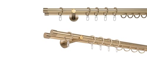 metablo Gardinenstange auf Maß mit Endstück Kappe Ø 20mm Rohr 2-Lauf Wandabstand 12cm Komplettset Messing-Matt 330cm von metablo