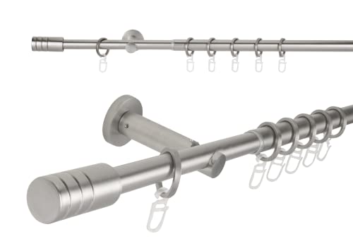 metablo Gardinenstange ausziehbar 1-Lauf Wandmontage Vorhangstange Fenster, Teleskopgarnitur inklusive Träger und Endstücke Komplettgarnitur 16/19mm Edelstahl-Optik 120-210 cm von metablo