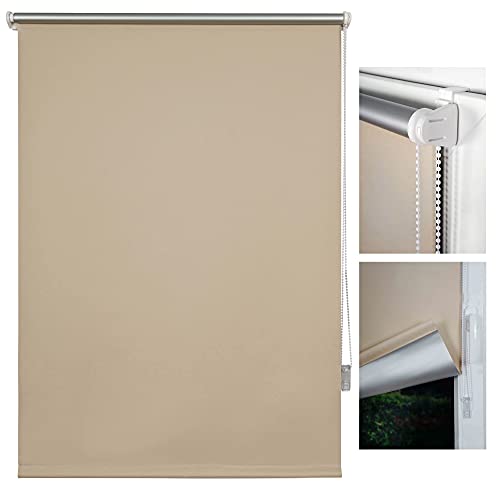 metablo Verdunkelungsrollo Klemmfix ohne Bohren Thermo Fensterrollo Rollo Seitenzugrollo Klemmrollo für Fenster & Tür Beige 90x210 cm von metablo