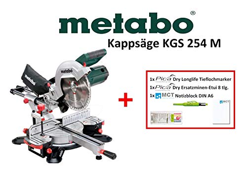 Metabo 602540000 Kappsäge KGS 254 M Edition M - Säge Set (2x Verlängerung, Sägeblatt, Anschlag, Klemme; Fangsack) + Pica Marker, Ersatzminen, DIN A6 Block von metabo