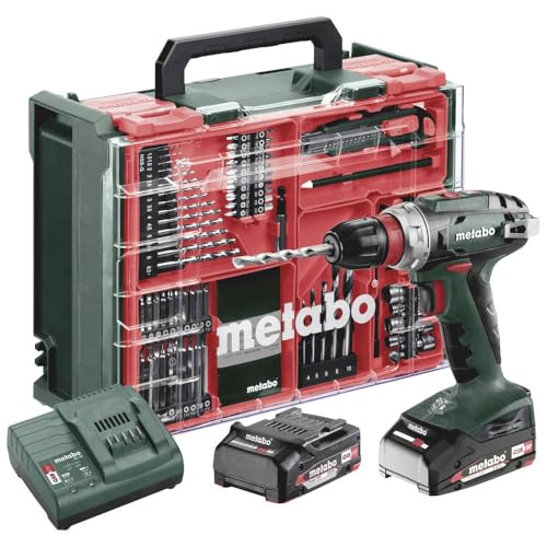 metabo Akku-Bohrschrauber BS 18 Quick Set - 18 V, 74-tlg. Mobile Werkstatt - Schnellwechsel-System, Gürtelhaken, LED-Arbeitslicht - Inkl. 2 x Akku LiPOWER (2.0 Ah), Ladegerät und Kunststoffkoffer von metabo