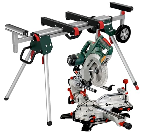 metabo Kappsäge KGSV 72 Xact SYM Set - 1800 W - Doppellinienlaser, LED-Arbeitslicht, präzises Sägen von Gehrungen, kompakte Zugfunktion, ideal für Aluminium & Kunststoff - Mit Maschinenständer KSU 251 von metabo