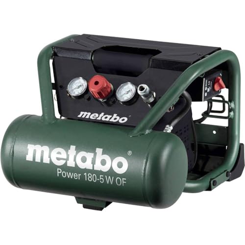 metabo Kompressor Power 180-5 W OF - 8 bar, 1.1 kW, 5L Tank, 90l/min Füllleistung, 75 l/min Liefermenge - Ölfrei, mobil, ideal für Tackern & Nägel, Baukompressor - Inkl. Universal-Schnellkupplung von metabo