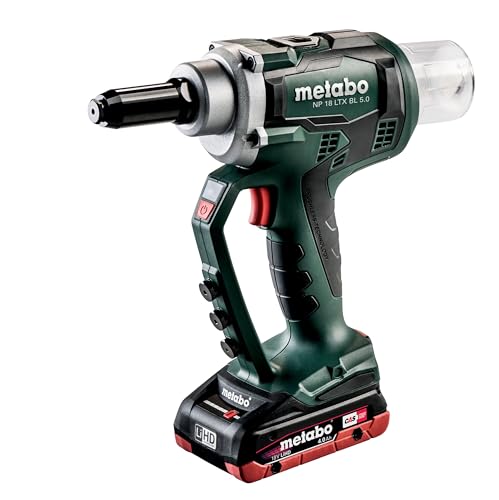 metabo Akku-Blindnietpistole NP 18 LTX BL 5.0-18V bürstenloser Motor, CAS, 10.000 N Setzkraft, Ø 2.4 – 6 mm - LED, Einhandbedienung, kraftvoll und kabellos - Inkl. 2 Akkus 4.0Ah, Ladegerät & metaBOX von metabo