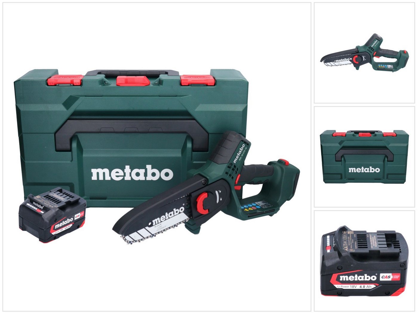 metabo Benzin-Kettensäge MS 18 LTX 15 Akku Gehölzsäge 18 V 15 cm 5 m/s + 1x Akku 4 Ah + metaBOX metabo Benzin-Kettensäge MS 18 LTX 15 Akku Gehölzsäge 18 V 15 cm 5 m/s + 1x Akku 4 Ah + metaBOX von metabo