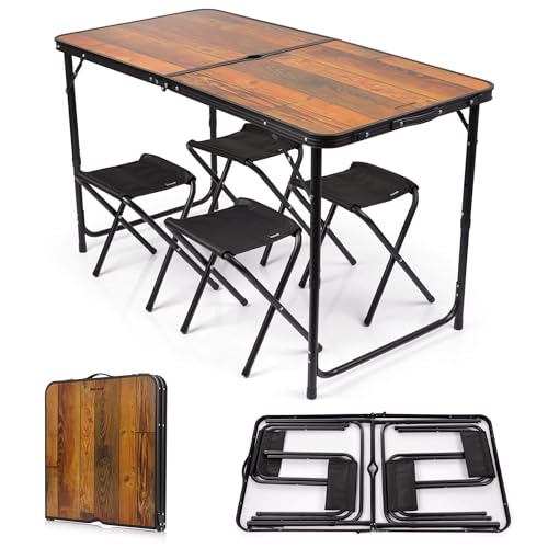 meteor Campingtisch-Set klappbar und höhenverstellbar – Aluminium Koffertisch 120x60 cm - Faltbarer Campingtisch mit 4 Klappstühlen für Camping & Picknick von meteor