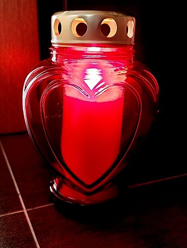 Grablicht Set mit Kerze & Zündhölzer Grabdeko Herzform rot Trauerlicht aus Glas Gedenklicht von meytrade