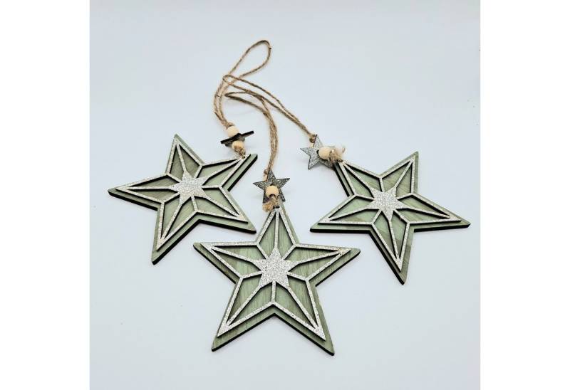meytrade Christbaumschmuck aus Holz grün/silber mit Glitzer im 3er Set Weihnachtssterne Naturdeko (3-tlg), Holzanhänger, Baumschmuck je ca. 12cm groß von meytrade