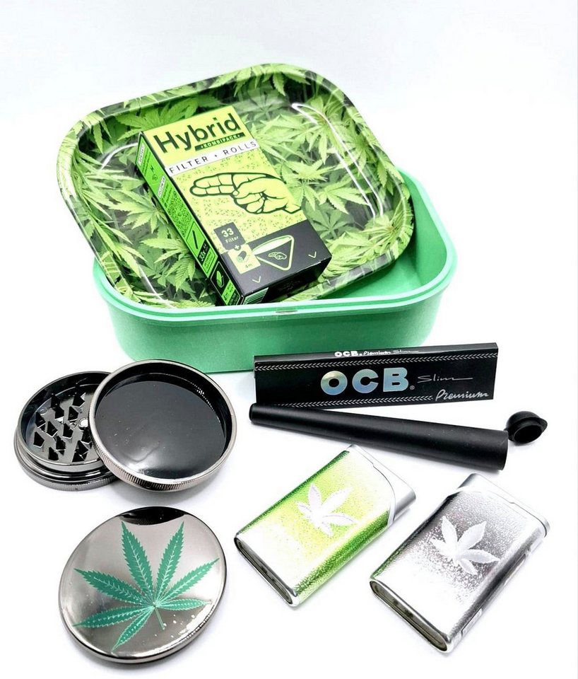 meytrade Feuerzeug Set Hanf Box, Tablett, Grinder, OCB Blättchen, Jointhülle, Filter (7-St), 7 teilige Cannabis Box mit viel Zubehör von meytrade