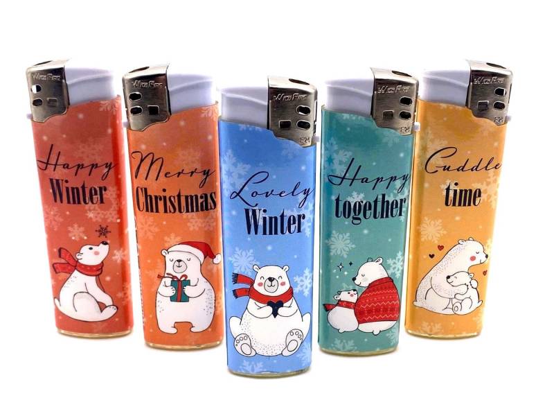 meytrade Feuerzeuge wiederbefüllbar im 5er Set süße Tiere zu Weihnachten Winterzeit (5-St., 5 Stück), Tiere im Winter - Elch, Eichhörnchern, Eisbär, Katze, Rotkehlchen von meytrade
