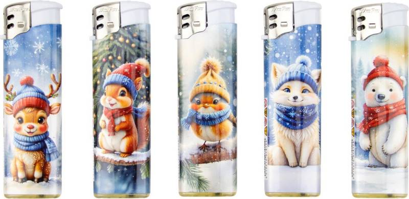 meytrade Feuerzeuge wiederbefüllbar im 5er Set süße Tiere zu Weihnachten Winterzeit (5-St., 5 Stück), Tiere im Winter - Elch, Eichhörnchern, Eisbär, Katze, Rotkehlchen von meytrade