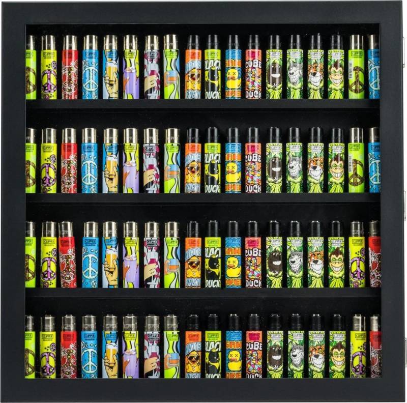 meytrade Vitrine Sammlervitrine für 72 Clipper Feuerzeuge in Holz weiß oder schwarz 42x42cm Vitrine für Clipper Feuerzeuge von meytrade