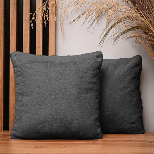 2er Set Kissenbezug 35x35 cm Graphit quadratisch - aus Pelzimitat, mit Reißverschluss - dekorative Kissenbezüge für Kissen 35x35, Deko Schlafzimmer, Deko Wohnzimmer von MG Design