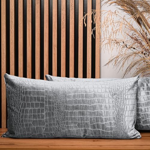 2er Set Kissenbezug 40x80 cm Esche Rechteck - aus Velourstoff mit Krokodilledermuster, mit Reißverschluss - dekorative Kissenbezüge für Kissen 40x80, Deko Schlafzimmer, Deko Wohnzimmer von MG Design