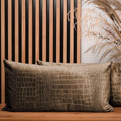 2er Set Kissenbezug 40x80 cm Zimt Rechteck - aus Velourstoff mit Krokodilledermuster, mit Reißverschluss - dekorative Kissenbezüge für Kissen 40x80, Deko Schlafzimmer, Deko Wohnzimmer von MG Design