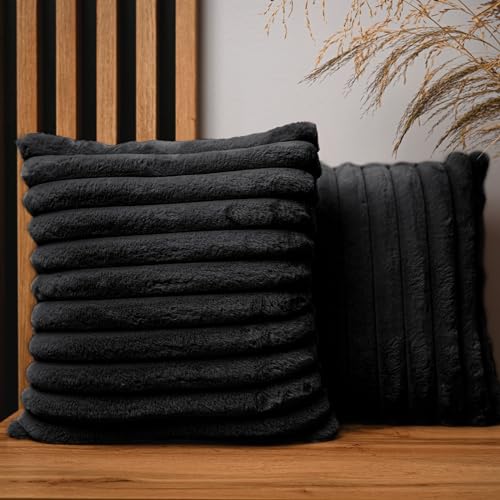 mg design 2er Set Kissenbezug 40x40 cm anthrazit quadratisch - aus Pelzimitat mit Nähten, mit Reißverschluss - dekorative Kissenbezüge für Kissen 40x40, Deko Schlafzimmer, Deko Wohnzimmer von MG Design