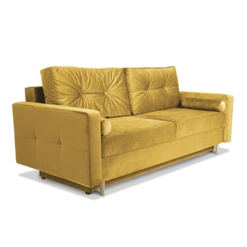 Sofa mit Schlaffunktion 215x70 cm (Liegefläche 190x150 cm) gelb - 3 er Couch mit Bettzeugablage, Armlehnen, 2 Kissen - Velours - 3-Sitzer Sofa, für Wohnzimmer/Gästezimmer, Wohnzimmer Möbel von MG Design