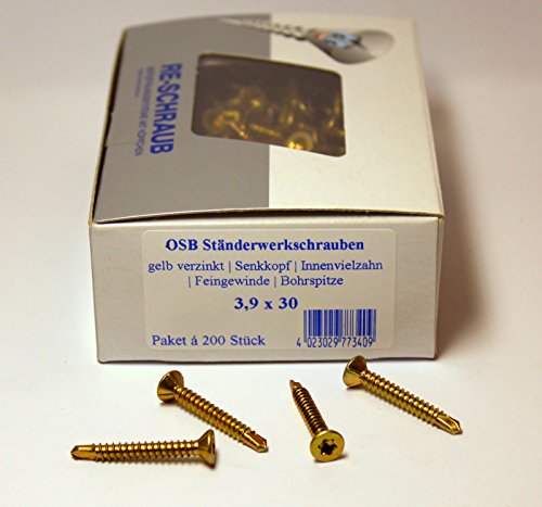 200 Stück RE-SCHRAUB OSB Ständerwerkschrauben 3,9 x 30 mm gelb verzinkt Torx TX 20 Verlegeplattenschrauben von mgn-store