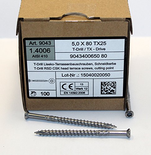 5 x 80 mm Edelstahl C1 Terrassenschrauben gehärtet Torx TX 25, Cutspitze 200-1000 Stück wählbar (200) von mgn-store