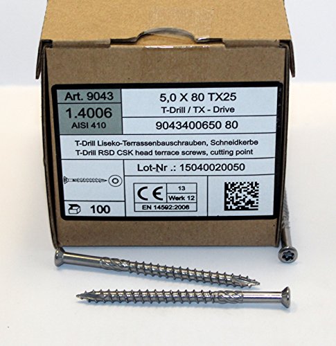 5 x 80 mm Edelstahl C1 Terrassenschrauben gehärtet Torx TX 25, Cutspitze 200 - 1000 Stück wählbar (200) von mgn-store