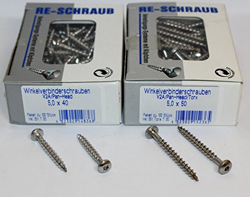 RE-SCHRAUB Winkelverbinderschrauben Edelstahl A2 5,0 x 40 bis 5,0 x 50 mm V2A (5,0 x 40 ( 100 Stück )) von mgn-store