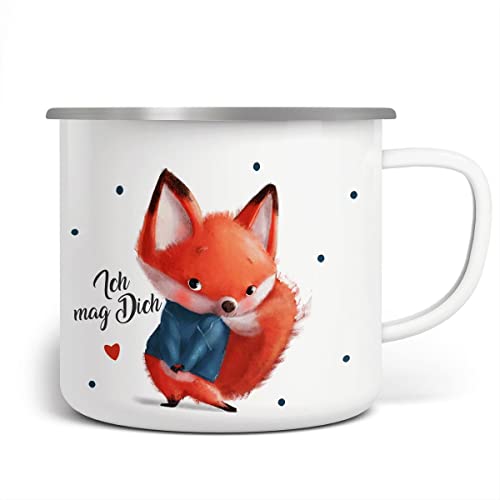 MIKALINO Emaille Tasse Fuchs - ich mag Dich | handbedruckt in Deutschland, Farbe:weisssilber, Grösse:300ml von miKalino