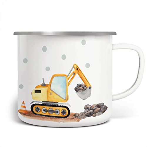 MIKALINO Emaille Tasse Jungs - Trinkbecher Kinder - Emaille Becher mit Bagger-Motiv - Kindertasse mit Baggermaschine - Kindertasse bedruckt mit Bagger - Emaille Becher Weiß von miKalino
