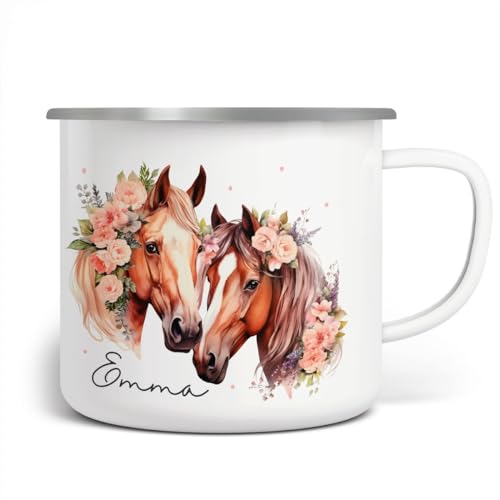 MIKALINO Emaille Tasse Mädchen - Trinkbecher Kinder personalisiert - Emaille Becher mit Zwei Pferde mit Blumen und Wunschname-Motiv - Kindertasse mit Namen - Kindertasse bedruckt, MIKALINO Emaille Tasse Mädchen - Trinkbecher Kinder personalisiert - Emaille Becher mit Zwei Pferde mit Blumen und Wunschname-Motiv - Kindertasse mit Namen - Kindertasse bedruckt, von miKalino