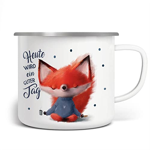 MIKALINO Emaille Tasse Fuchs Heute wird ein guter Tag | handbedruckt in Deutschland, Farbe:weisssilber, Grösse:300ml MIKALINO Emaille Tasse Fuchs Heute wird ein guter Tag | handbedruckt in Deutschland, Farbe:weisssilber, Grösse:300ml von miKalino