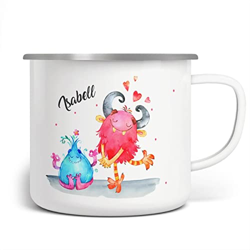 miKalino Emaille Tasse Süße Monster personalisierte Kindertasse mit Wunschnamen bedruckt Emaille Becher Emailletasse | handbedrucktes Geschenk, Farbe:weisssilber, Grösse:300ml von miKalino