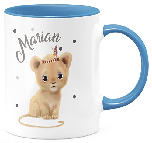 miKalino Keramik Tasse Baby Löwe mit Namen - handbedruckt in Deutschland | Kaffee Becher Kaffeetasse Geschenk, Farbe:cambridgeblue, Grösse:330ml von miKalino