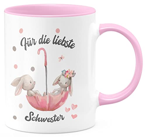 Mikalino Keramik Tasse Für die liebste Schwester - handbedruckt in Deutschland | Kaffee Becher Kaffeetasse Geschenk, Farbe:rosa, Grösse:330ml von miKalino