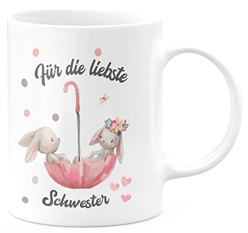 Mikalino Keramik Tasse Für die liebste Schwester - handbedruckt in Deutschland | Kaffee Becher Kaffeetasse Geschenk, Farbe:weiss, Grösse:330ml von miKalino