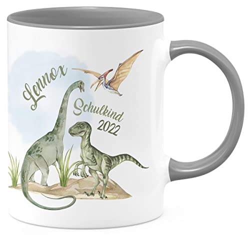 Mikalino Keramik Tasse Schulkind - Dinosaurier mit Namen - handbedruckt in Deutschland | Kaffee Becher Kaffeetasse Geschenk, Farbe:grau, Grösse:330ml von miKalino