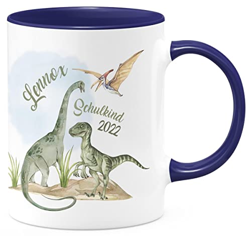 miKalino Keramik Tasse Schulkind - Dinosaurier mit Namen - handbedruckt in Deutschland | Kaffee Becher Kaffeetasse Geschenk, Farbe:kobalt, Grösse:330ml von miKalino