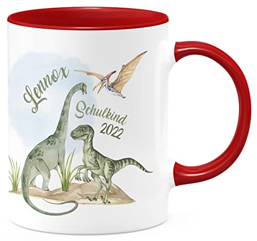miKalino Keramik Tasse Schulkind - Dinosaurier mit Namen - handbedruckt in Deutschland | Kaffee Becher Kaffeetasse Geschenk, Farbe:rot, Grösse:330ml von miKalino