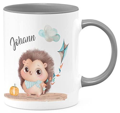 miKalino Keramik Tasse Süßer Igel mit einem Drachen personalisiert mit Namen - handbedruckt in Deutschland | Kaffee Becher Kaffeetasse Geschenk, Farbe:grau, Grösse:330ml von miKalino