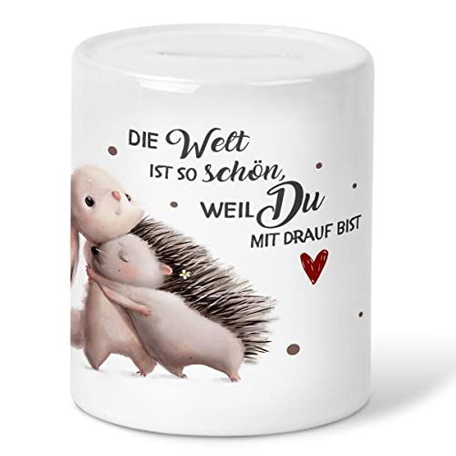 Mikalino Kinder Spardose Die Welt ist so schön, Weil Du mit Drauf bist Hase und Igel Geschenke Geschenkideen Sparschwein - handbedruckt in Deutschland, Farbe:Weiss, Grösse:OneSize von miKalino