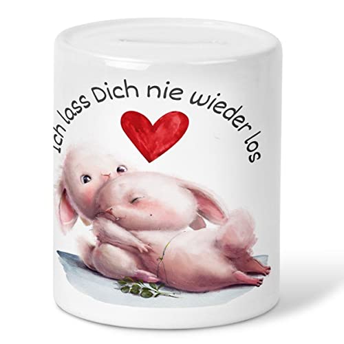 Mikalino Kinder Spardose Ich Lass Dich nie Wieder los Zwei verliebte Hasen Geschenke Geschenkideen Sparschwein - handbedruckt in Deutschland, Farbe:Weiss, Grösse:OneSize von miKalino