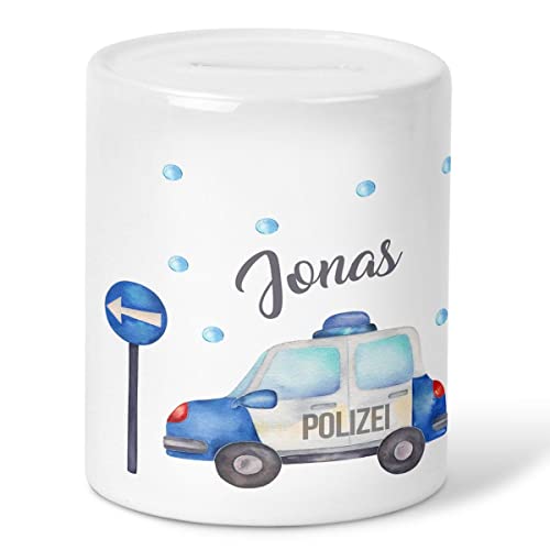 Mikalino Kinder Spardose Polizeiauto mit Wunschname Geschenke Geschenkideen Sparschwein - handbedruckt in Deutschland, Farbe:Weiss, Grösse:OneSize von miKalino