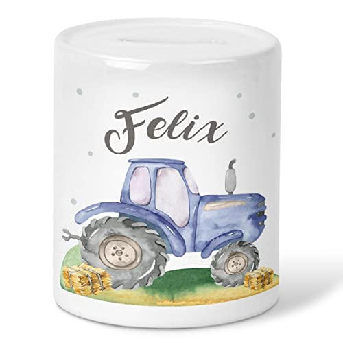 Mikalino Kinder Spardose Traktor blau mit Namen Geschenke Geschenkideen Sparschwein - handbedruckt in Deutschland, Farbe:Weiss, Grösse:OneSize von miKalino