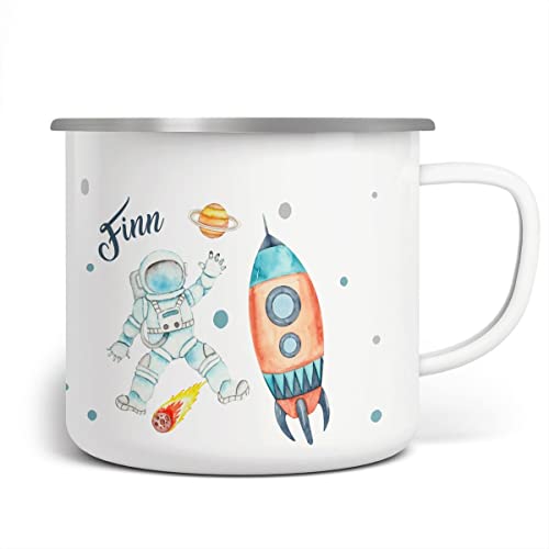 miKalino Emaille Tasse Astronaut - ein Flug ins All personalisiert mit Wunschname | handbedruckt in Deutschland, Farbe:weisssilber, Grösse:300ml von miKalino