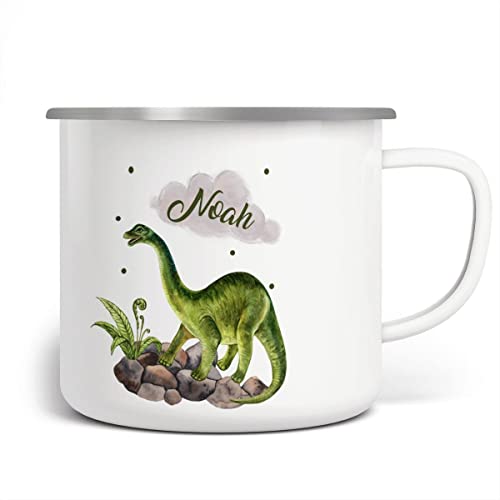 miKalino Emaille Tasse Brachiosaurus Dinosaurier mit mit Wunschname personalisierte Kindertasse mit Namen bedruckt Emaille Becher Emailletasse Geschenk, Farbe:weisssilber, Grösse:300ml von miKalino